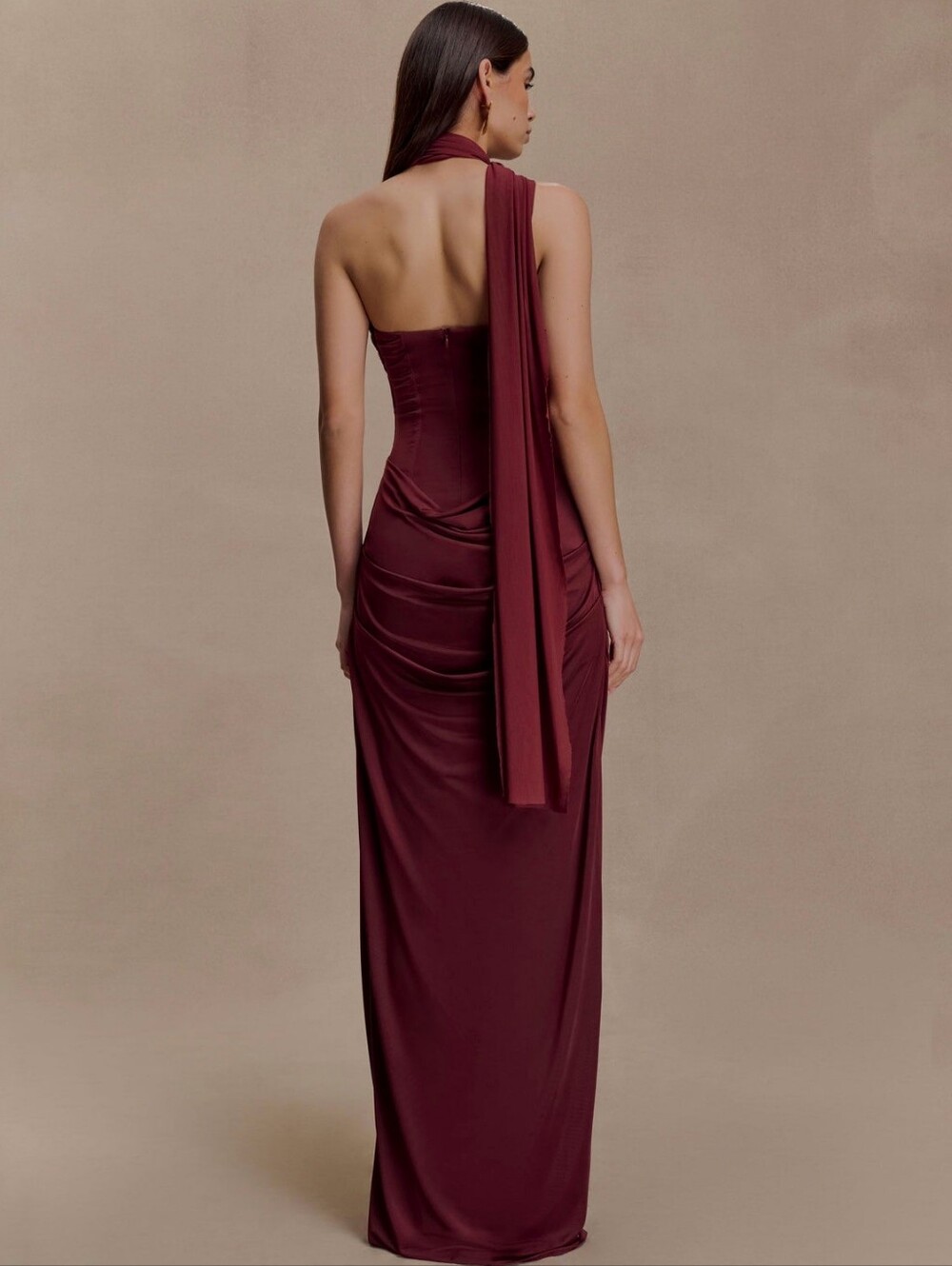 Meshki Mattea Slinky Mesh Maxi Dress With Scarf Burgundy red women's size small - Picture 2 of 10